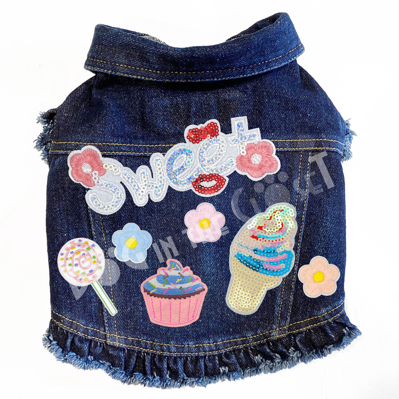 I Love Sweets Denim Dog Jacket Pink Denim with Ruffles