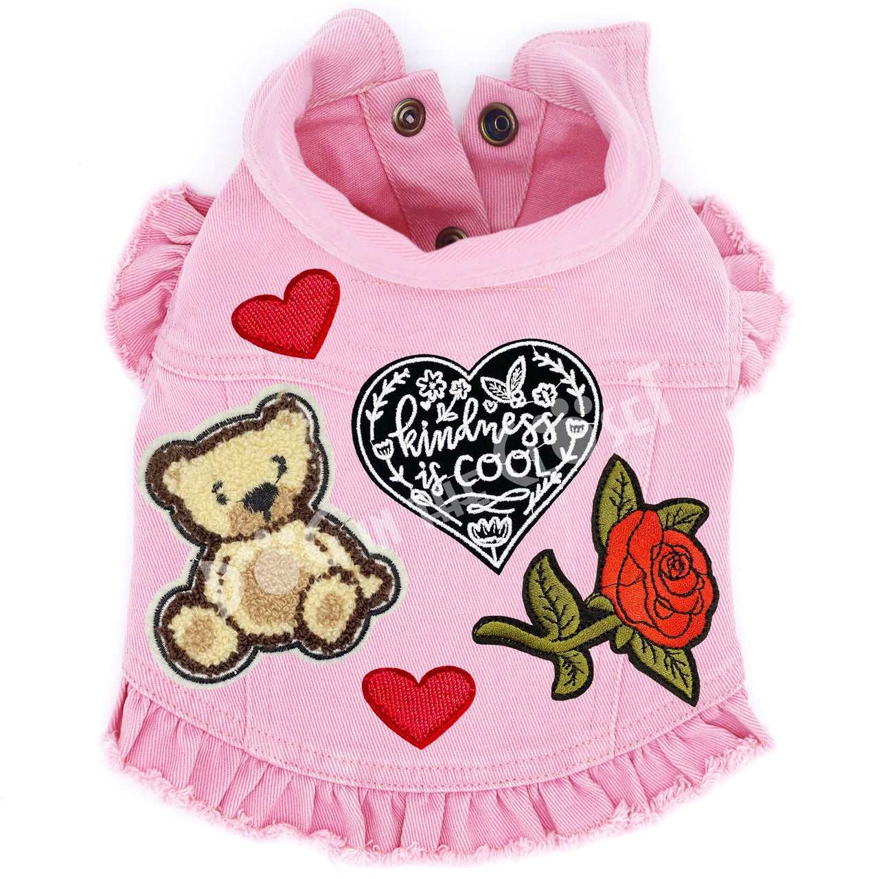 Kindness is Cool Little Bear Denim Dog Jacket Pink Denim with Ruffles