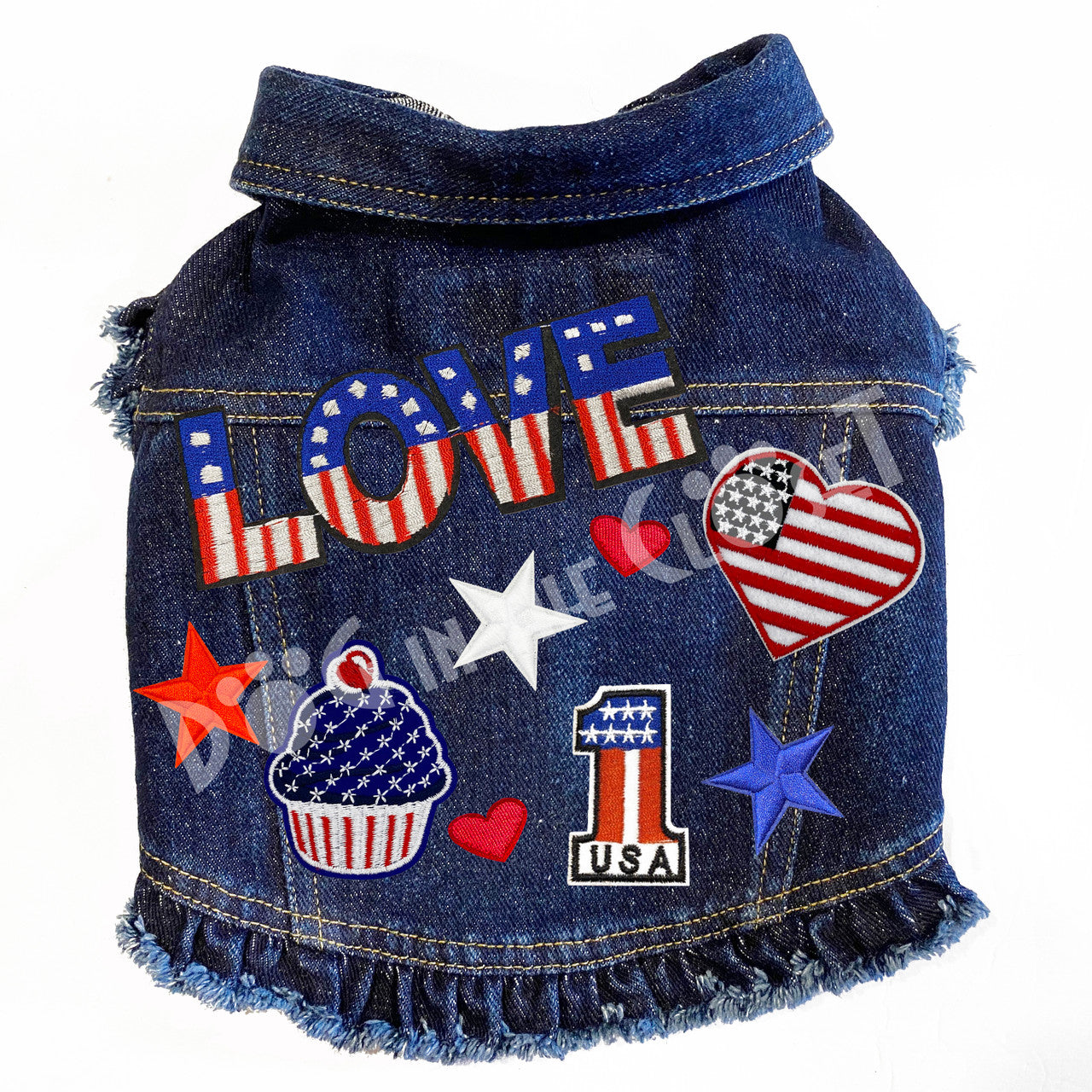 Love Patriotic Denim Dog Jacket Pink Denim with Ruffles