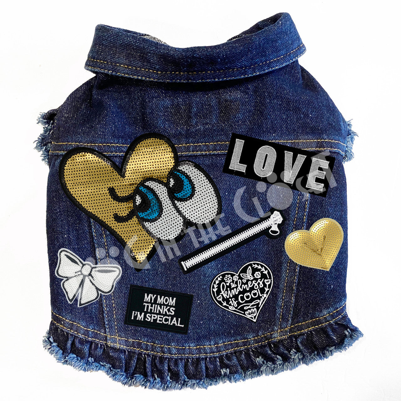 Love Big Eyes Denim Dog Jacket Pink Denim with Ruffles