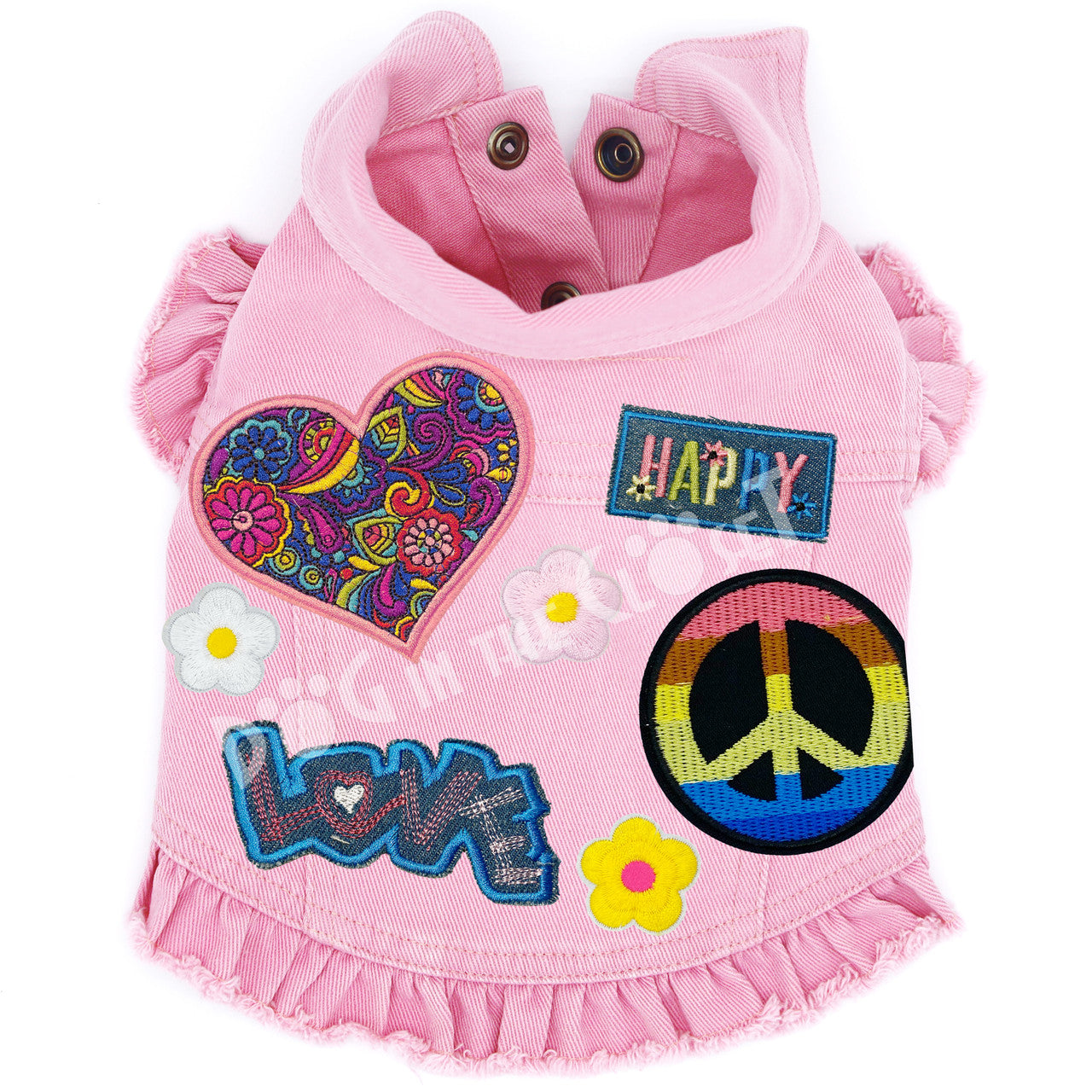 Peace, Love, & Happiness Denim Dog Jacket Pink Denim with Ruffles