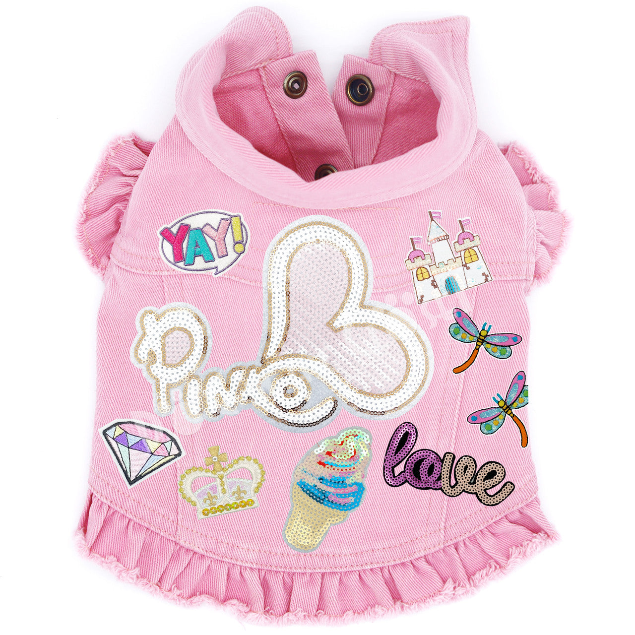 Pink Love Denim Dog Jacket Pink Denim with Ruffles