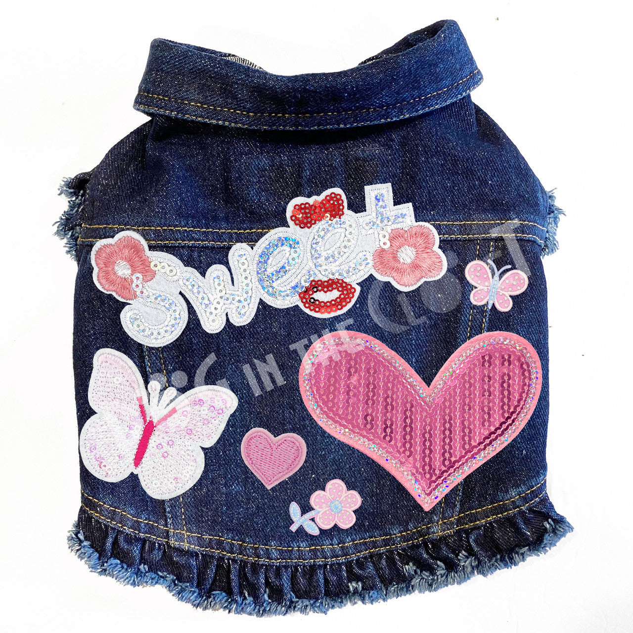 Sweet Butterflies Denim Dog Jacket Pink Denim with Ruffles