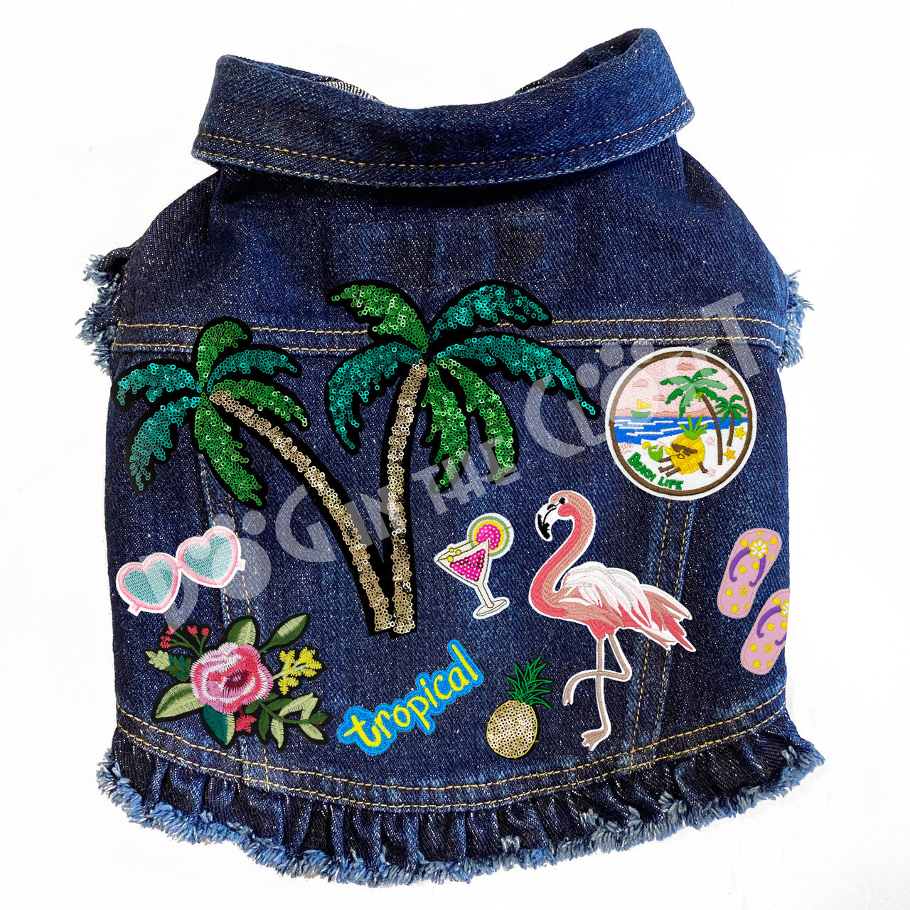 Tropical Paradise Denim Dog Jacket Pink Denim with Ruffles