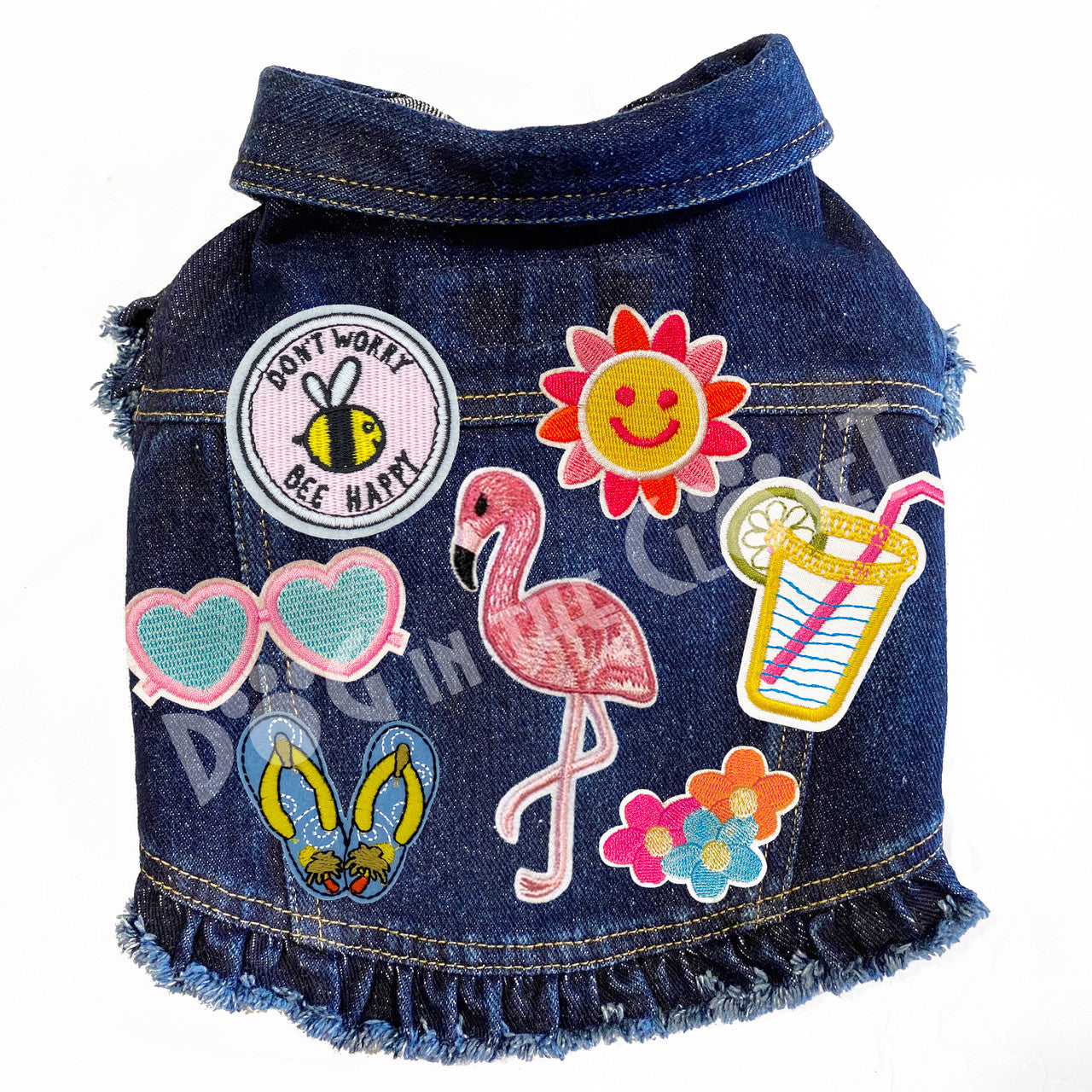 Bee Happy Denim Dog Jacket Pink Denim with Ruffles