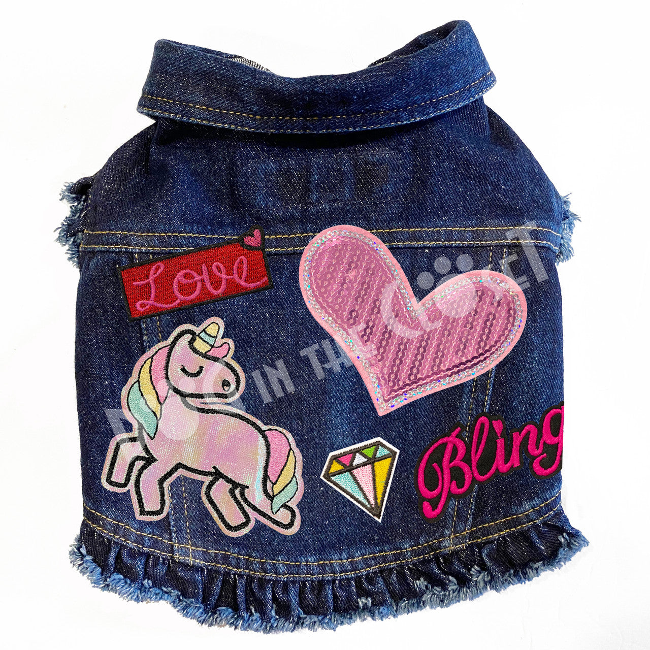 Bling Unicorn Denim Dog Jacket Pink Denim with Ruffles