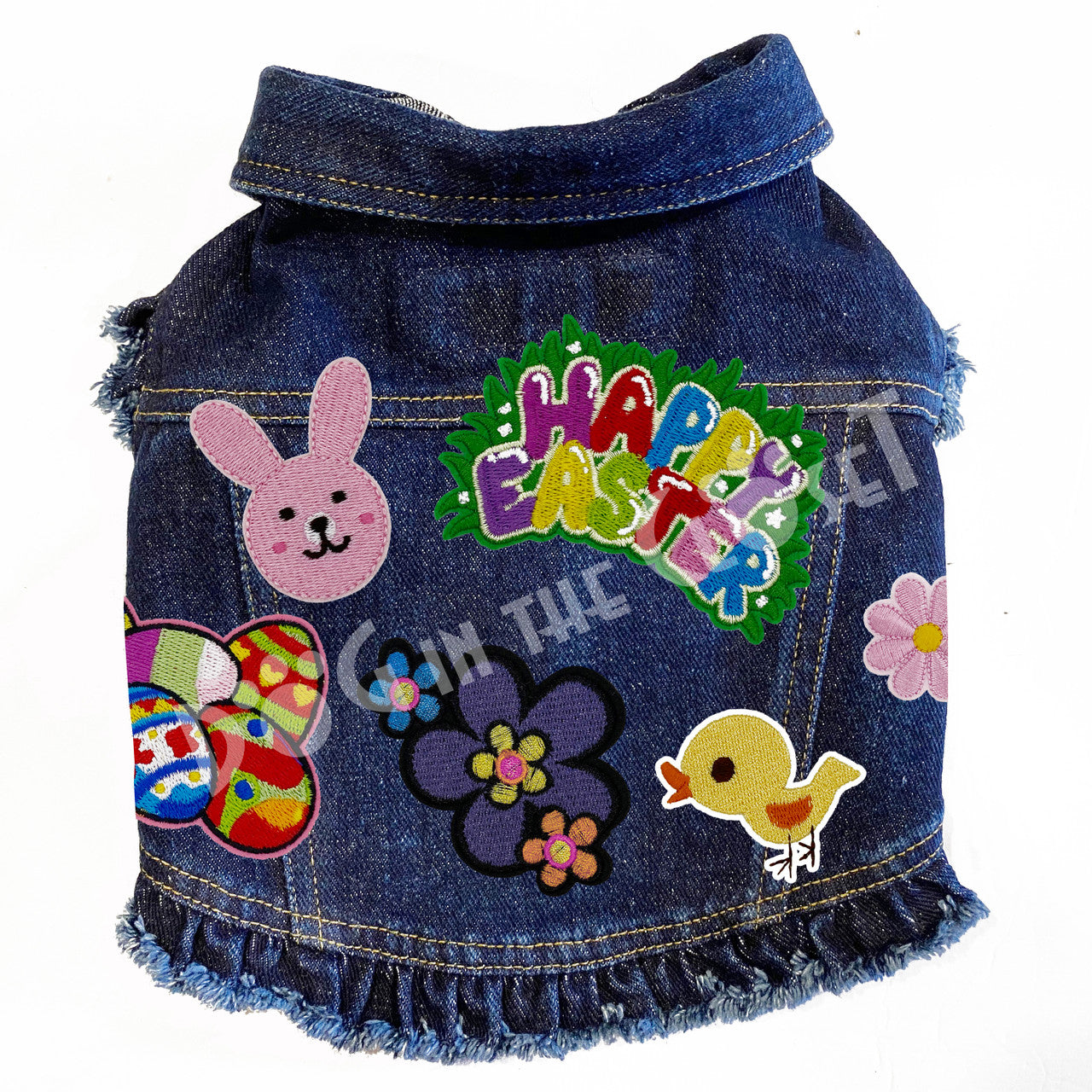 Happy Easter Denim Dog Jacket Pink Denim with Ruffles