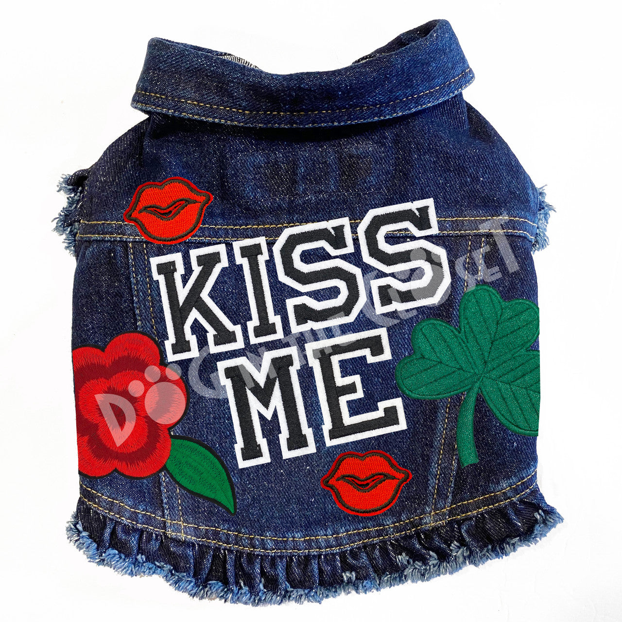 Kiss Me Denim Dog Jacket Pink Denim with Ruffles