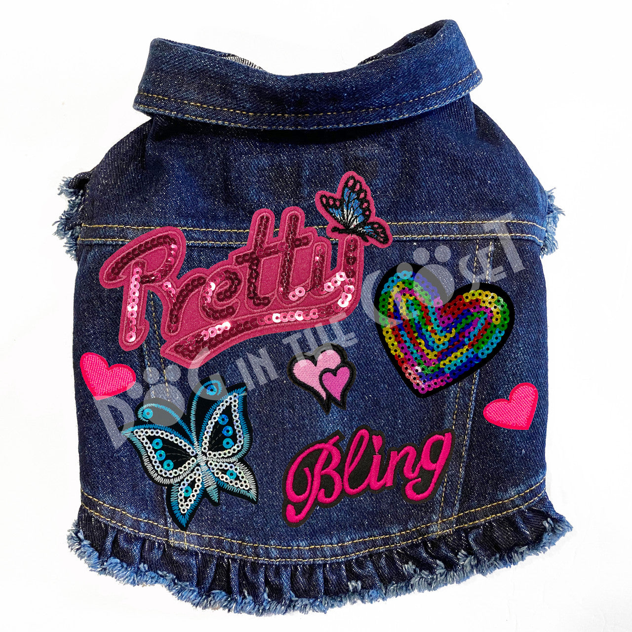 Pretty Butterfly Denim Dog Jacket Pink Denim with Ruffles