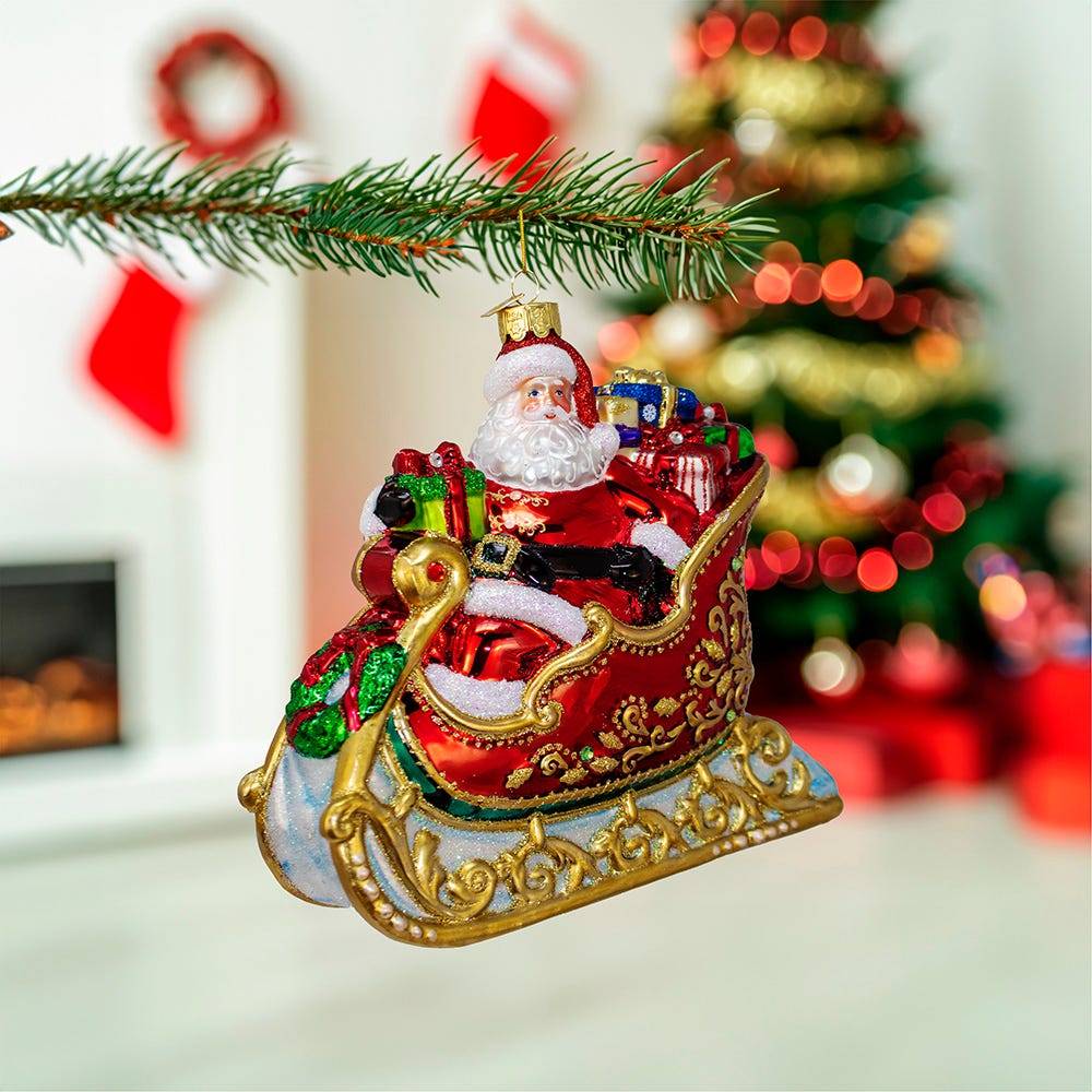 Kurt Adler 6.25-Inch Bellissimo Glass Santa in Sleigh Ornament