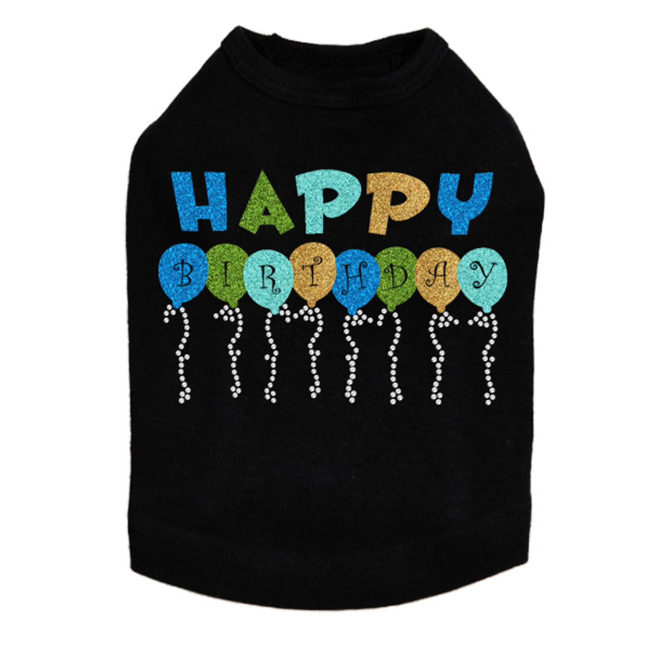 Happy Birthday Balloons (Blue) - Dog Tank Black