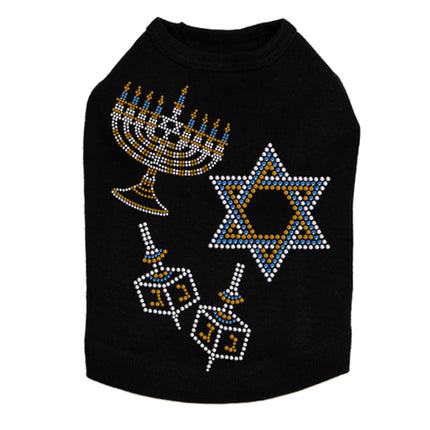 Menorah, Dreidel & Star of David (Blue & Gold) - Dog Tank