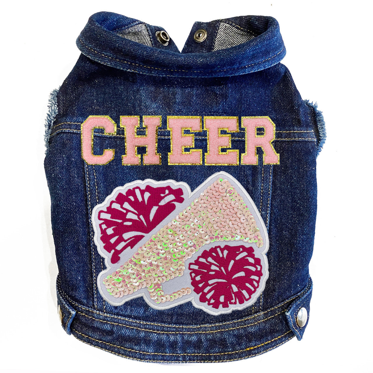 Cheer with Megaphone (Large) Denim Dog Jacket Pink Denim with Ruffles