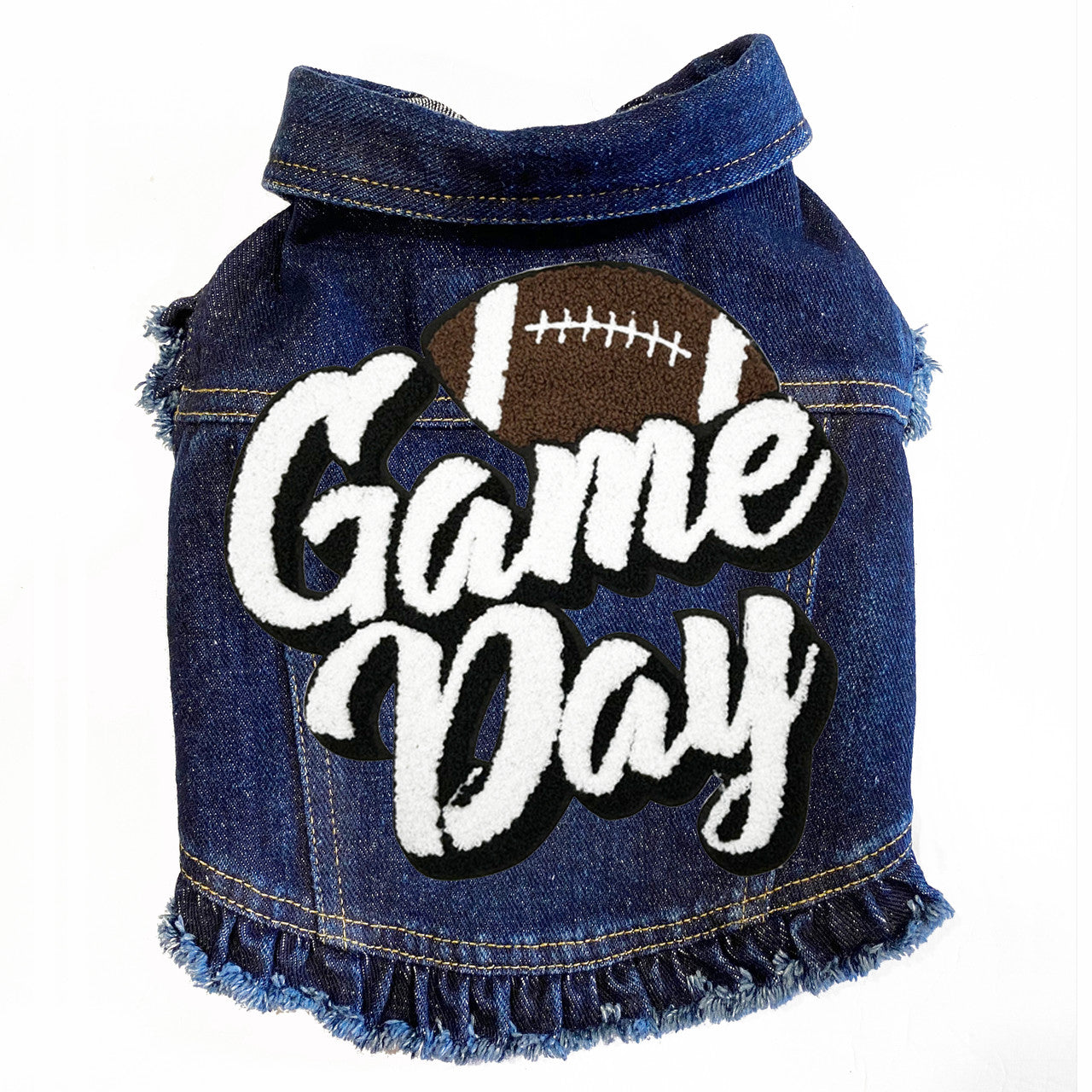 Game Day (Large) Denim Dog Jacket Blue Denim with Ruffles