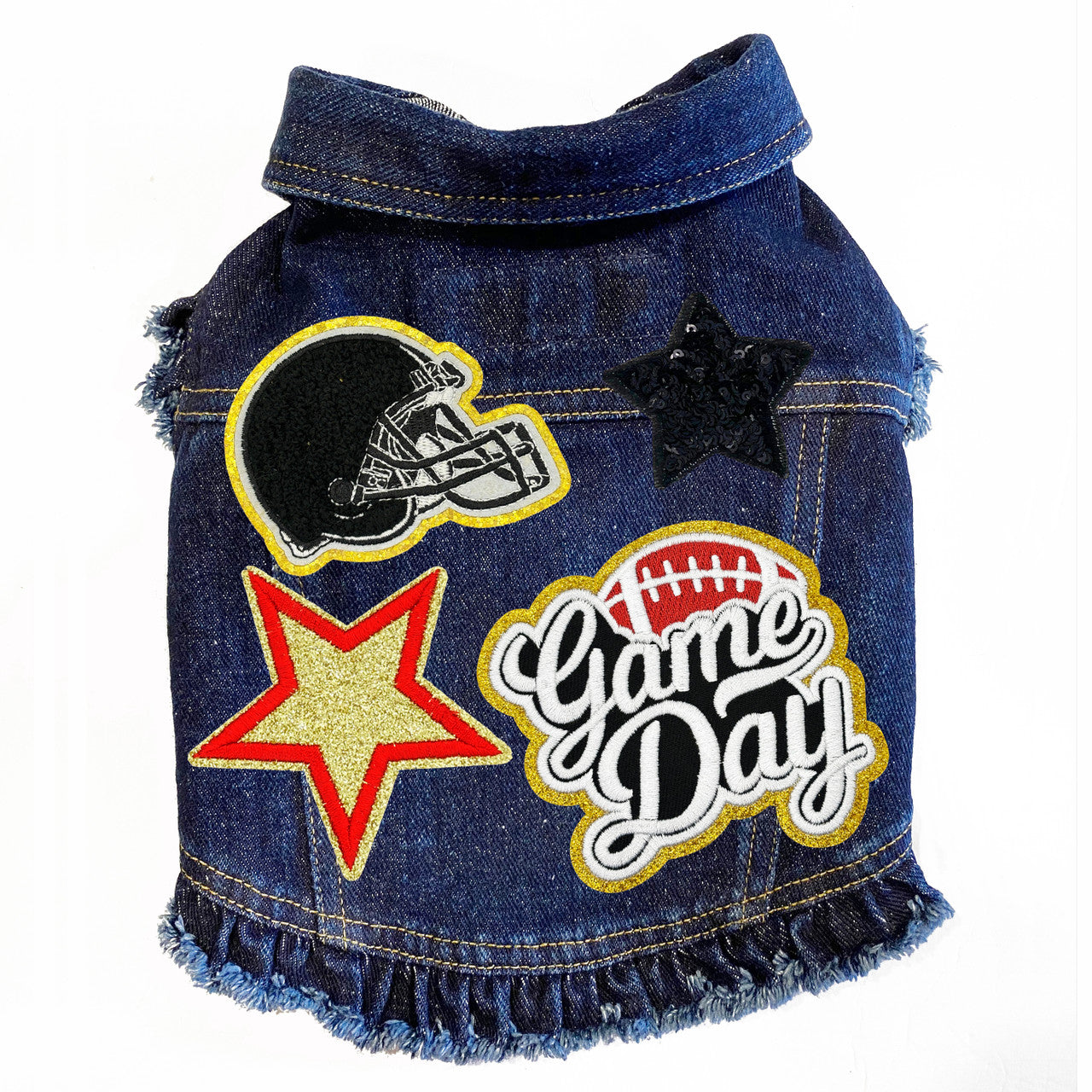 Game Day (Small) Denim Dog Jacket Blue Denim with Ruffles