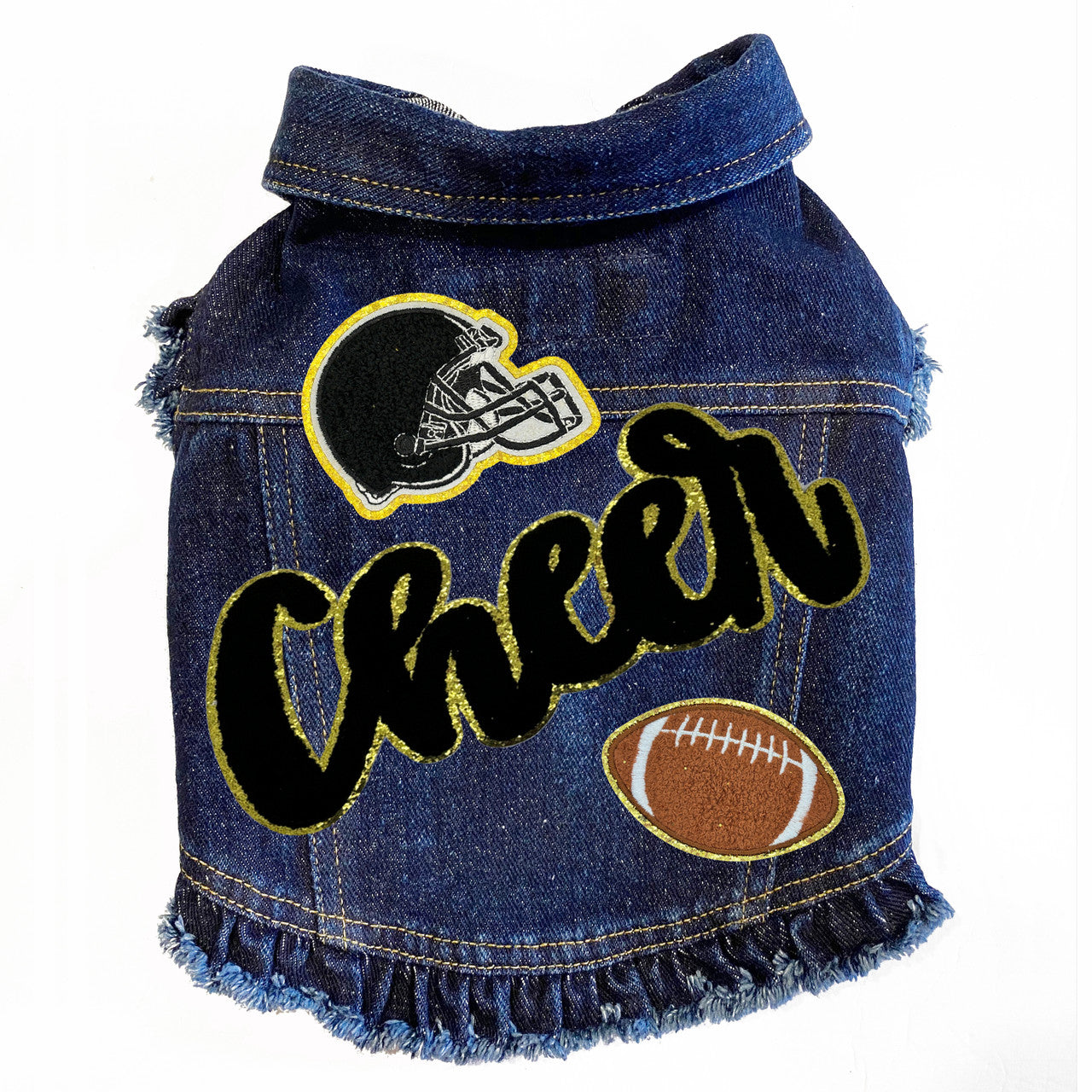 Cheer Football (Large) Denim Dog Jacket Blue Denim with Ruffles