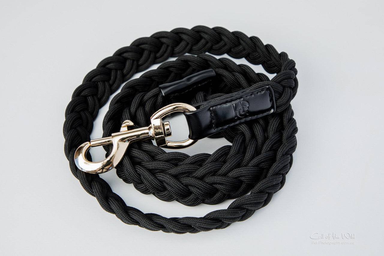 Dog Lead Black Plaited - Yellow Gold Hardware