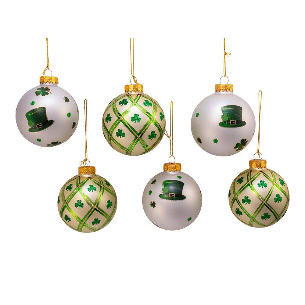 Kurt Adler 80MM Silver and Light Green St. Patrick Glass Ball Ornaments, 6 Piece Box