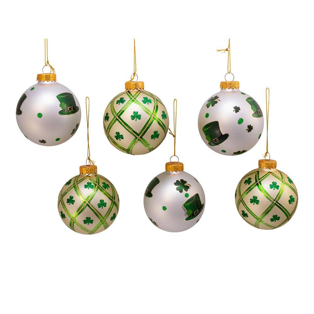 Kurt Adler 80MM Silver and Light Green St. Patrick Glass Ball Ornaments, 6 Piece Box