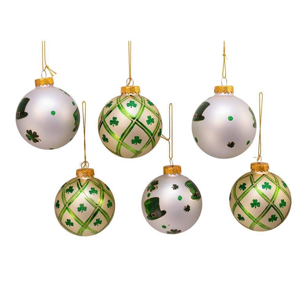 Kurt Adler 80MM Silver and Light Green St. Patrick Glass Ball Ornaments, 6 Piece Box