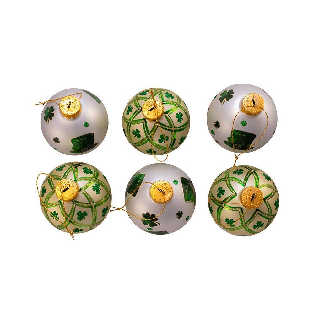 Kurt Adler 80MM Silver and Light Green St. Patrick Glass Ball Ornaments, 6 Piece Box