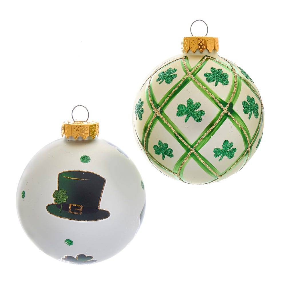 Kurt Adler 80MM Silver and Light Green St. Patrick Glass Ball Ornaments, 6 Piece Box