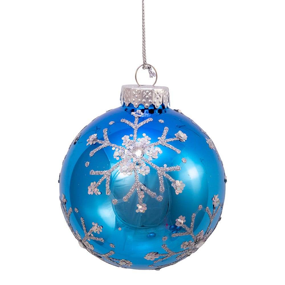 Kurt Adler 80MM Blue and Silver Glitter Snowflake Glass Ball Ornaments, 6 Piece Box