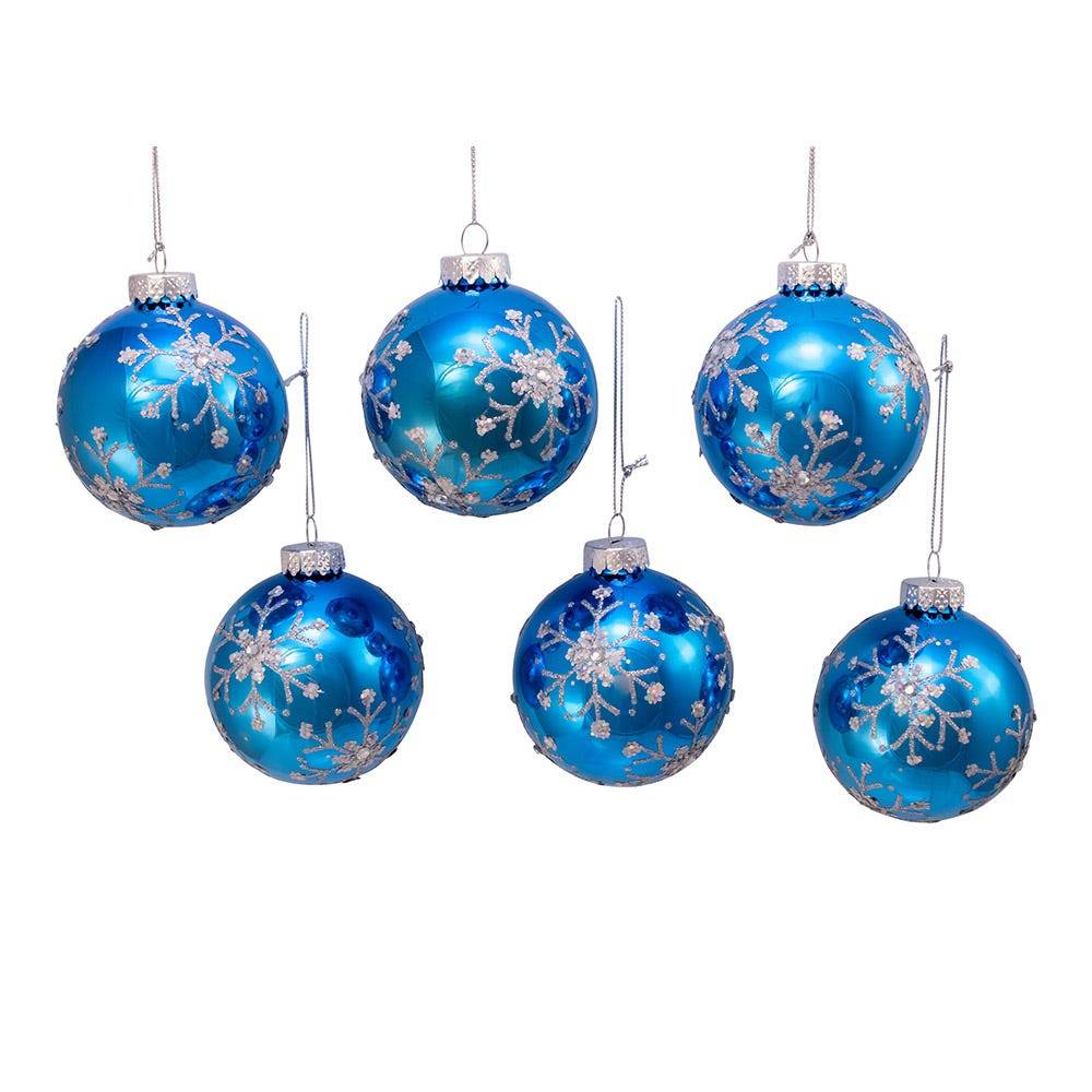 Kurt Adler 80MM Blue and Silver Glitter Snowflake Glass Ball Ornaments, 6 Piece Box