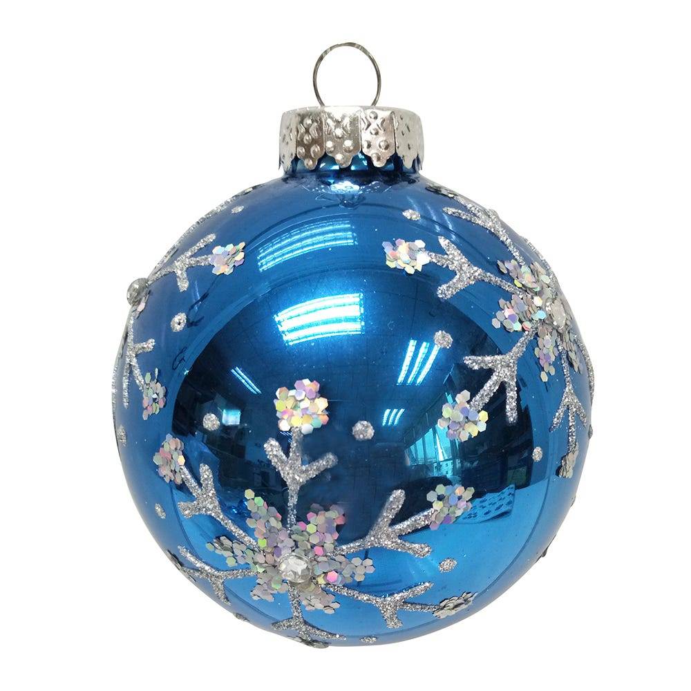 Kurt Adler 80MM Blue and Silver Glitter Snowflake Glass Ball Ornaments, 6 Piece Box