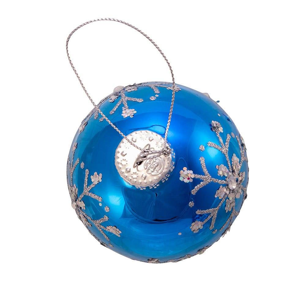 Kurt Adler 80MM Blue and Silver Glitter Snowflake Glass Ball Ornaments, 6 Piece Box