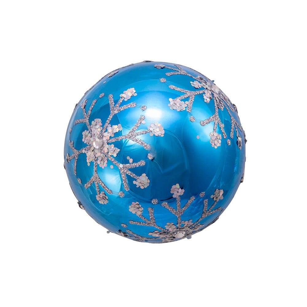 Kurt Adler 80MM Blue and Silver Glitter Snowflake Glass Ball Ornaments, 6 Piece Box