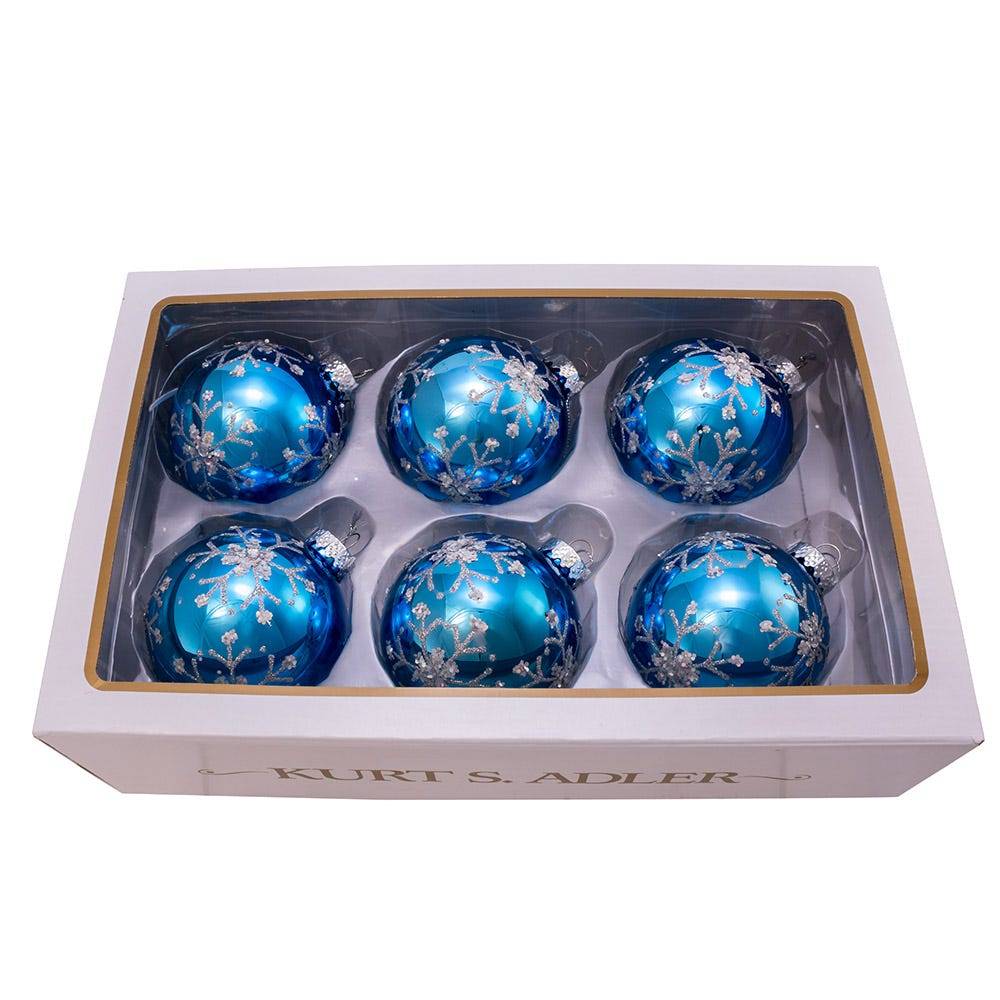 Kurt Adler 80MM Blue and Silver Glitter Snowflake Glass Ball Ornaments, 6 Piece Box