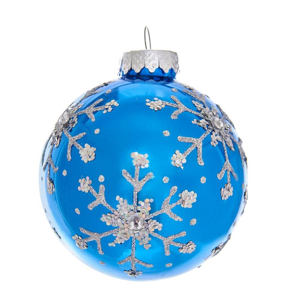 Kurt Adler 80MM Blue and Silver Glitter Snowflake Glass Ball Ornaments, 6 Piece Box