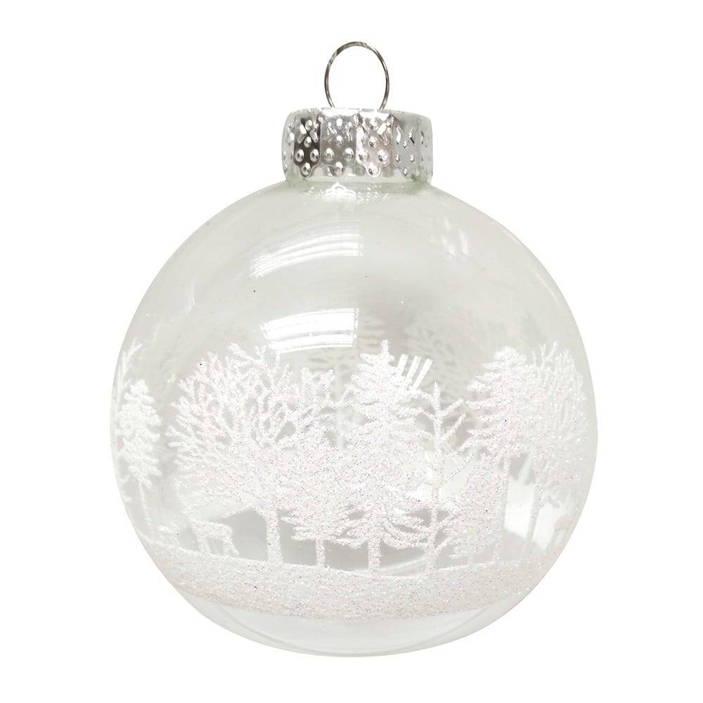 Kurt Adler 80MM Clear with White Tree Design Glass Ball Ornaments, 6 Piece Box