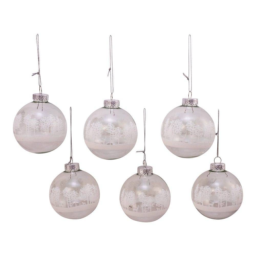 Kurt Adler 80MM Clear with White Tree Design Glass Ball Ornaments, 6 Piece Box