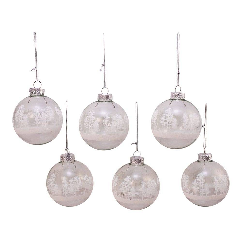 Kurt Adler 80MM Clear with White Tree Design Glass Ball Ornaments, 6 Piece Box