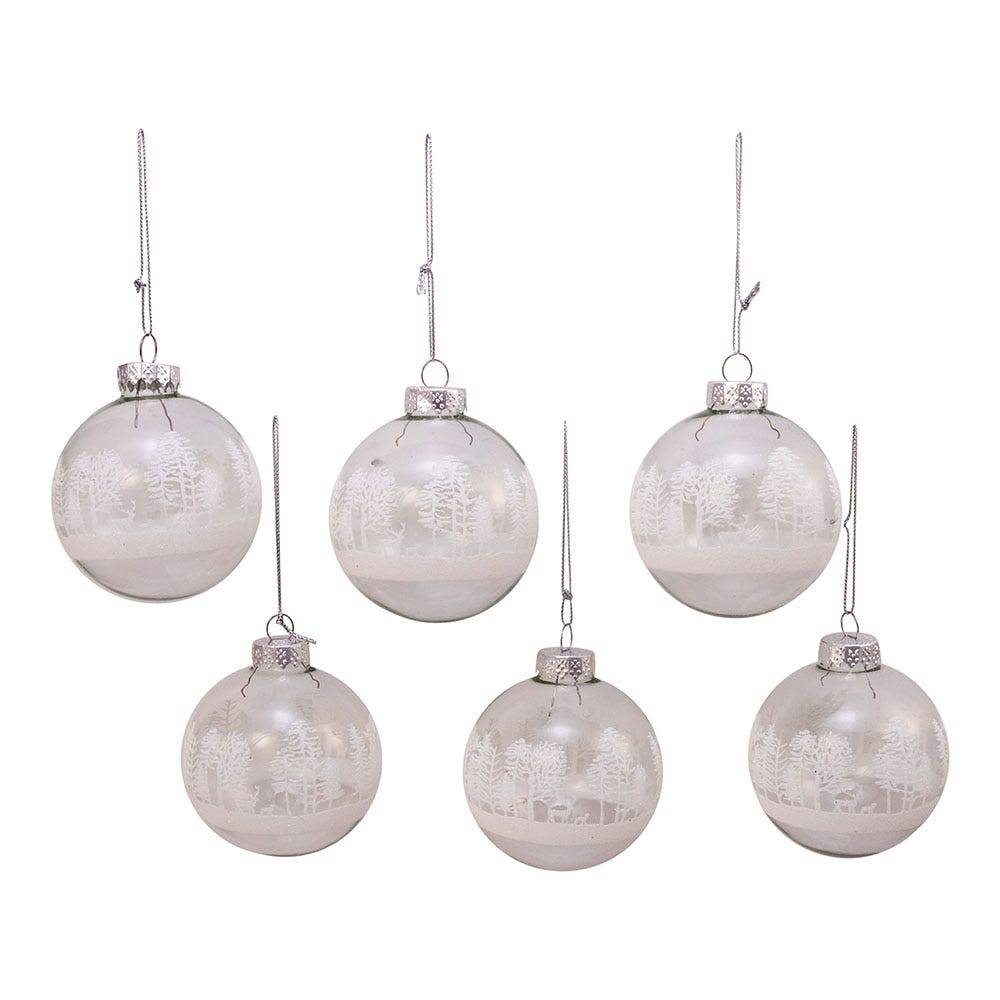 Kurt Adler 80MM Clear with White Tree Design Glass Ball Ornaments, 6 Piece Box