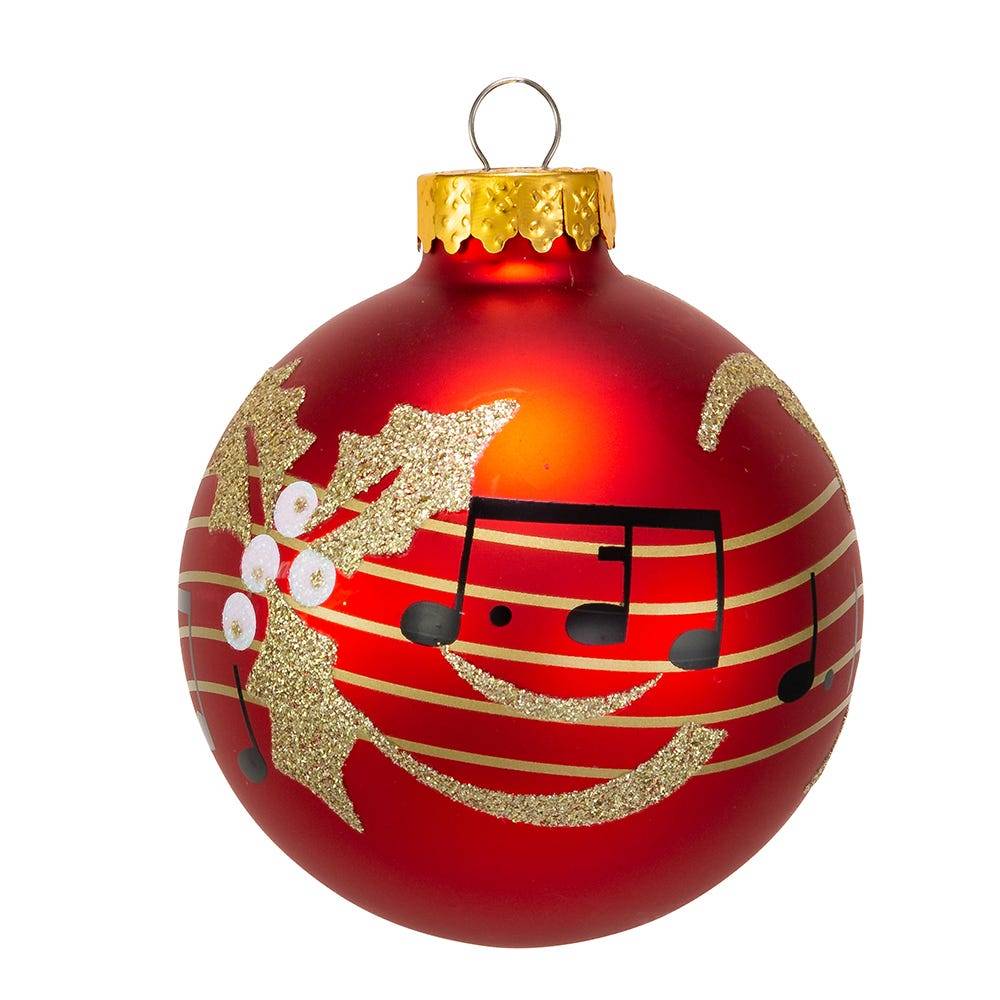 Kurt Adler 80MM Red With Music Notes Glass Ball Ornaments, 6-Piece Box