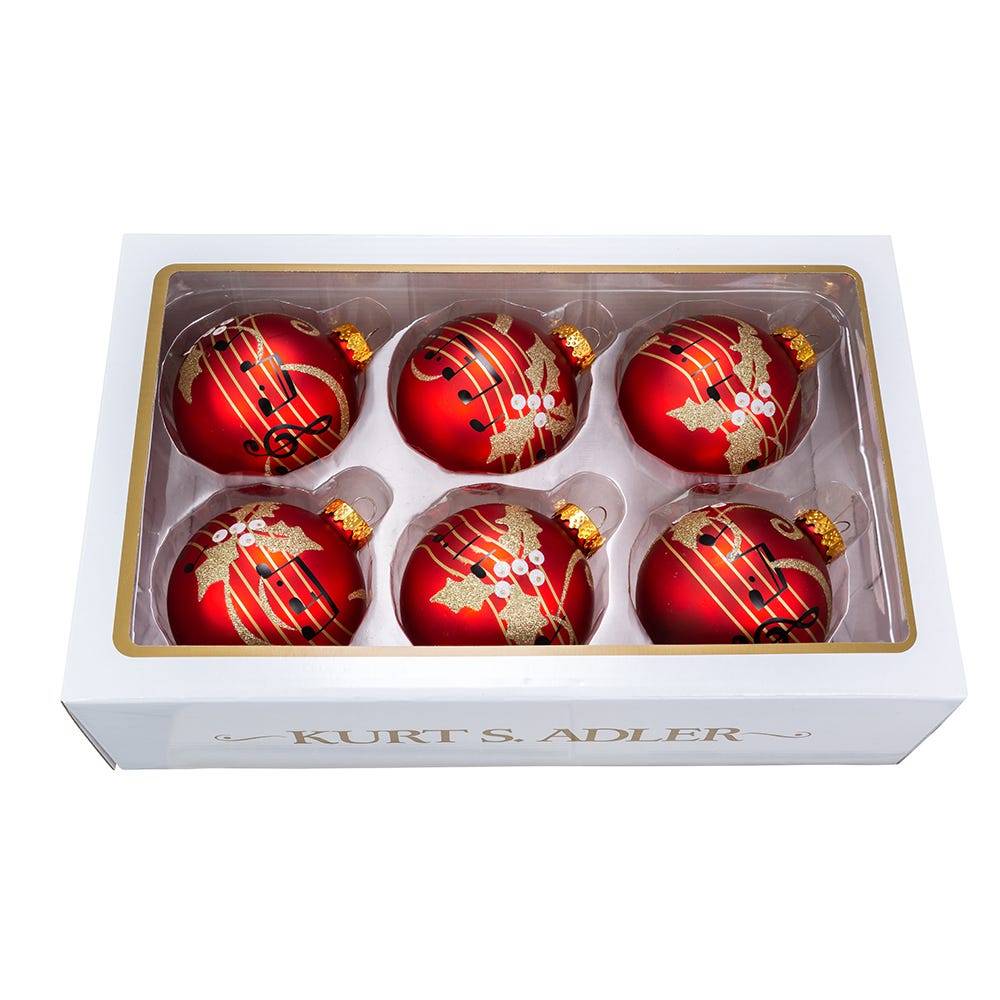 Kurt Adler 80MM Red With Music Notes Glass Ball Ornaments, 6-Piece Box