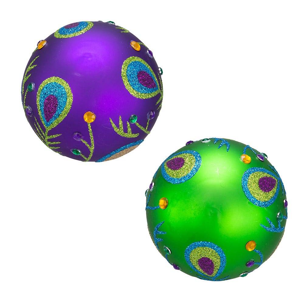 Kurt Adler 80MM Peacock Purple and Green Glass Ball Ornaments, 6-Piece Box; 2 Assorted Styles