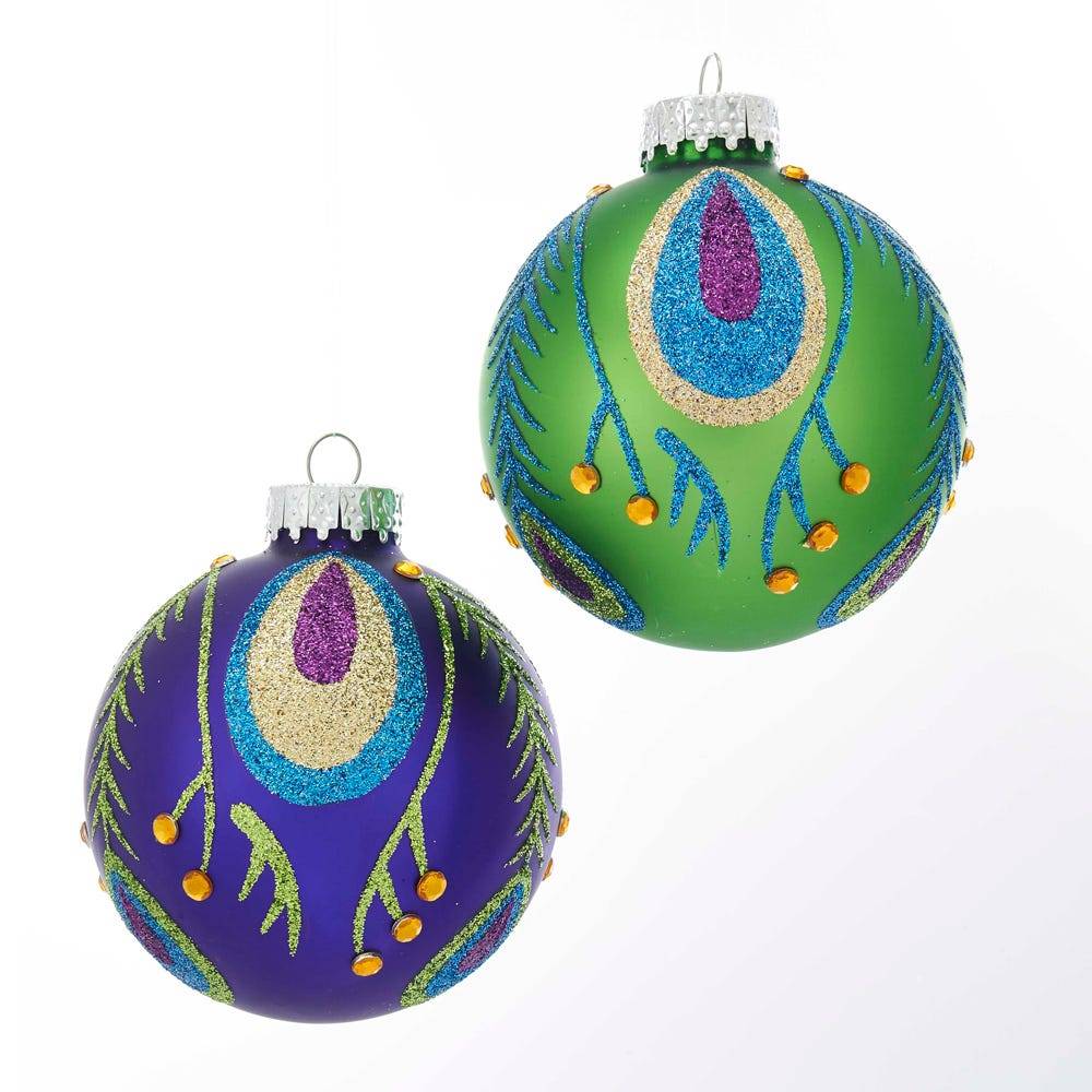 Kurt Adler 80MM Peacock Purple and Green Glass Ball Ornaments, 6-Piece Box; 2 Assorted Styles