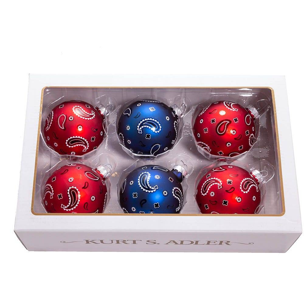 Kurt Adler 80MM Bandana Style Glass Ball Ornaments, 6-Piece Set