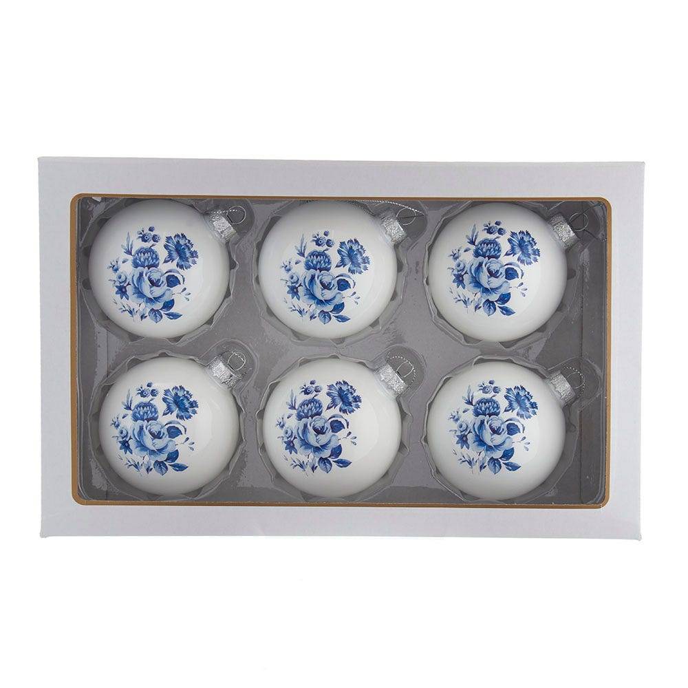 Kurt Adler 80MM Delft Blue Shiny Glass Ball Ornaments, 6-Piece Set