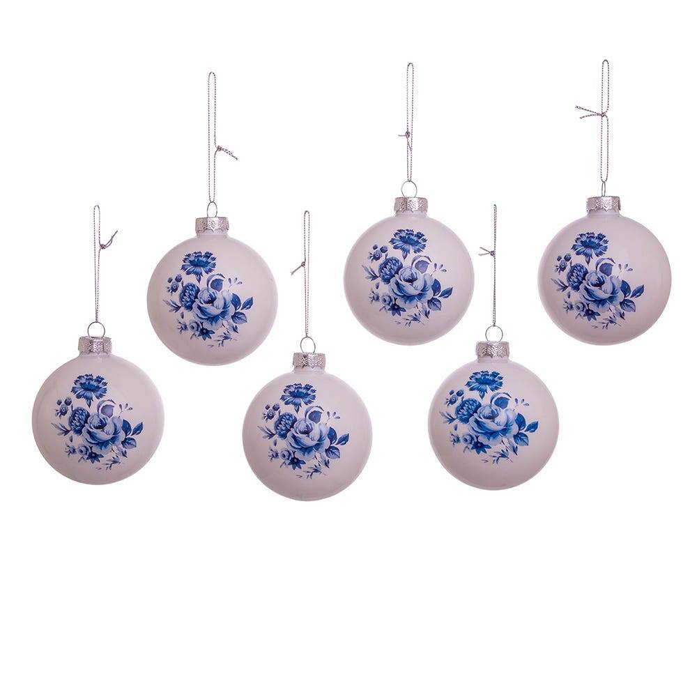 Kurt Adler 80MM Delft Blue Shiny Glass Ball Ornaments, 6-Piece Set