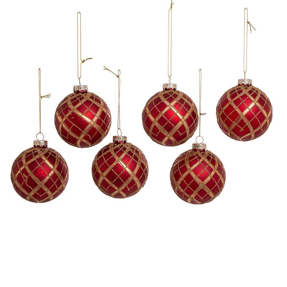 Kurt Adler 80MM Red with Gold Plaid Glass Ball Ornaments, 6-Piece Set