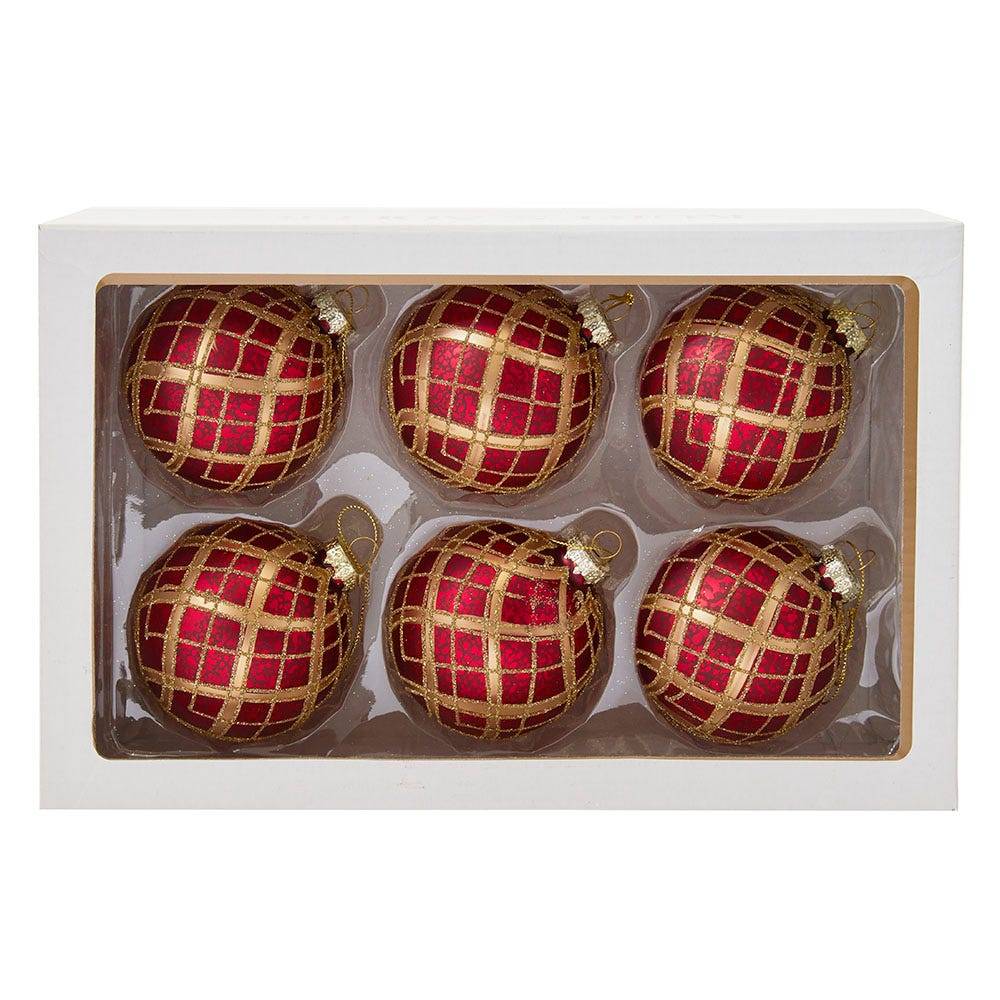 Kurt Adler 80MM Red with Gold Plaid Glass Ball Ornaments, 6-Piece Set