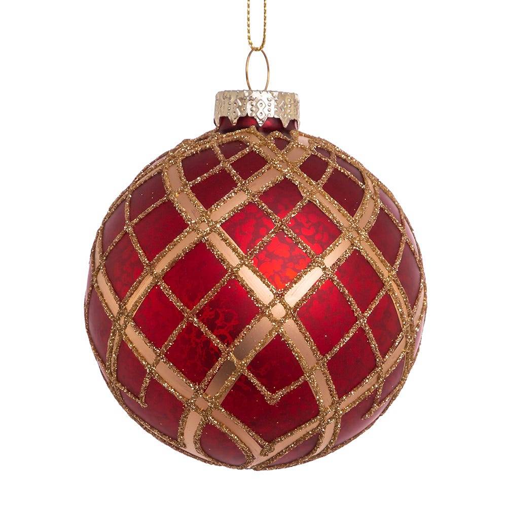 Kurt Adler 80MM Red with Gold Plaid Glass Ball Ornaments, 6-Piece Set