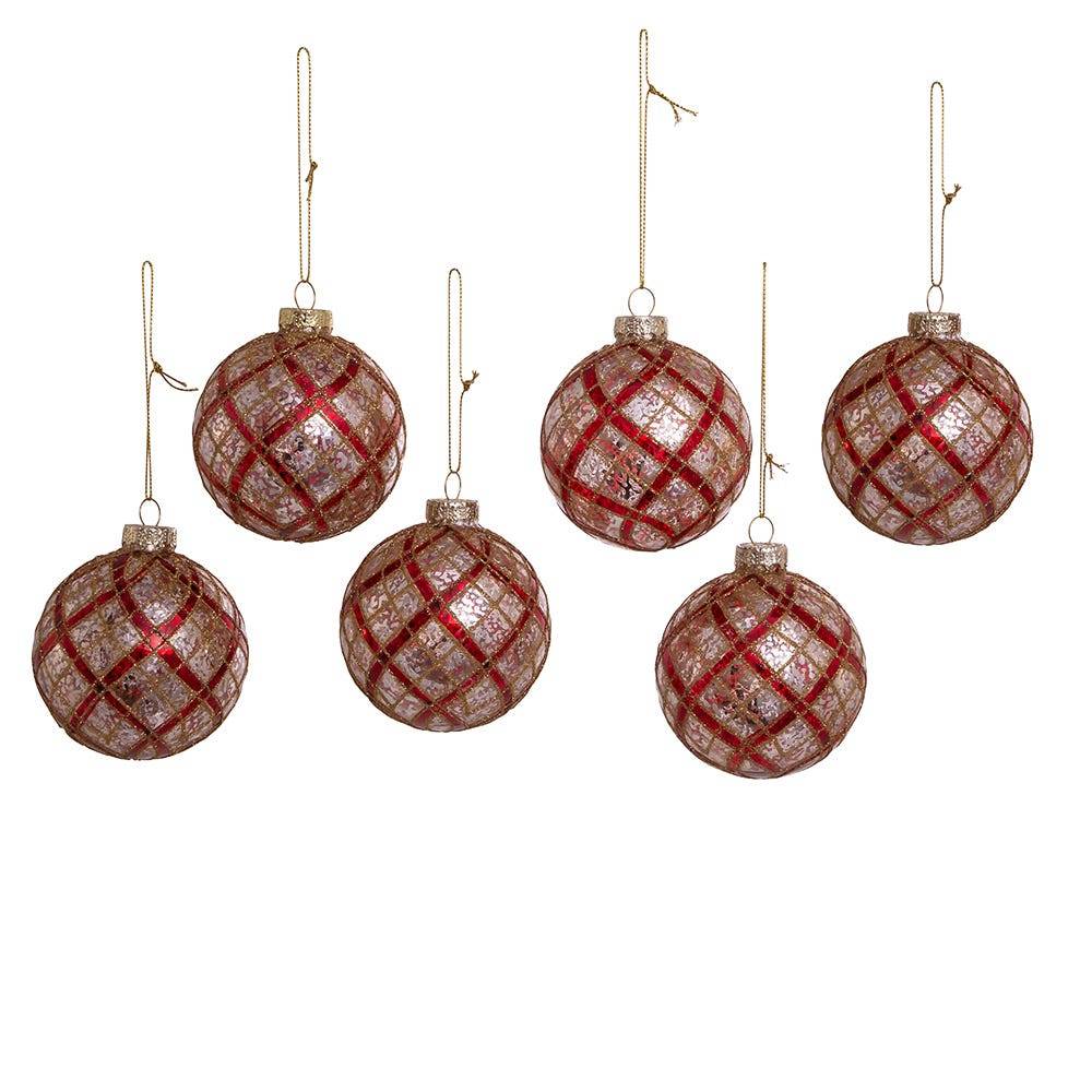 Kurt Adler 80MM Silver with Gold and Red Plaid Glass Ball Ornaments, 6-Piece Set