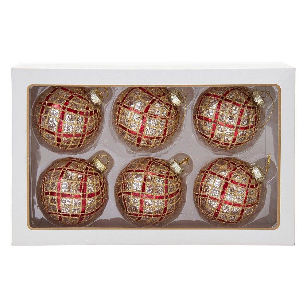 Kurt Adler 80MM Silver with Gold and Red Plaid Glass Ball Ornaments, 6-Piece Set