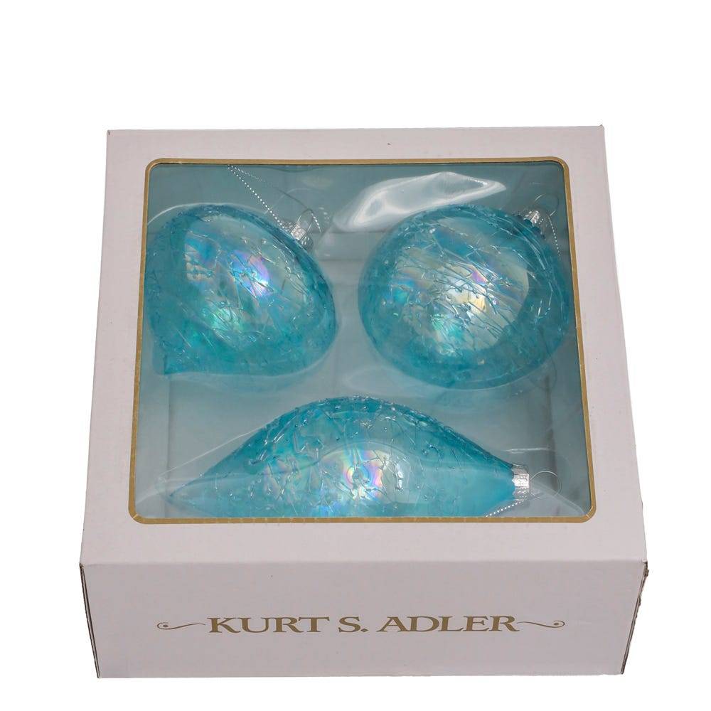 Kurt Adler 80MM Blue Finial, Onion, and Ball Glass Ornaments, 3-Piece Set